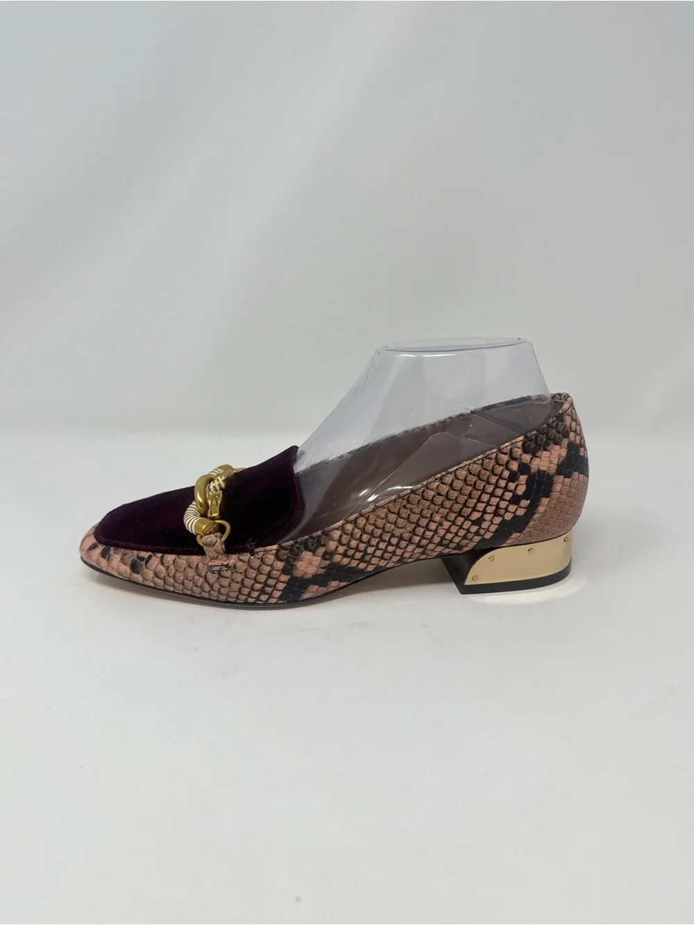 Tory Burch Burgundy Velvet Loafer with Snake-Print Trim and Gold Chain.  Size 7.
